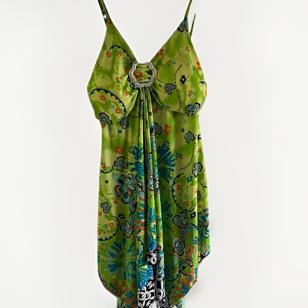 Y2K Lime Green Babydoll Tank Top Floral Rhinestone McBling Funky 2000s Delia’s L